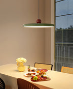 Disc pendant light on an articulating swing arm with sphere weight