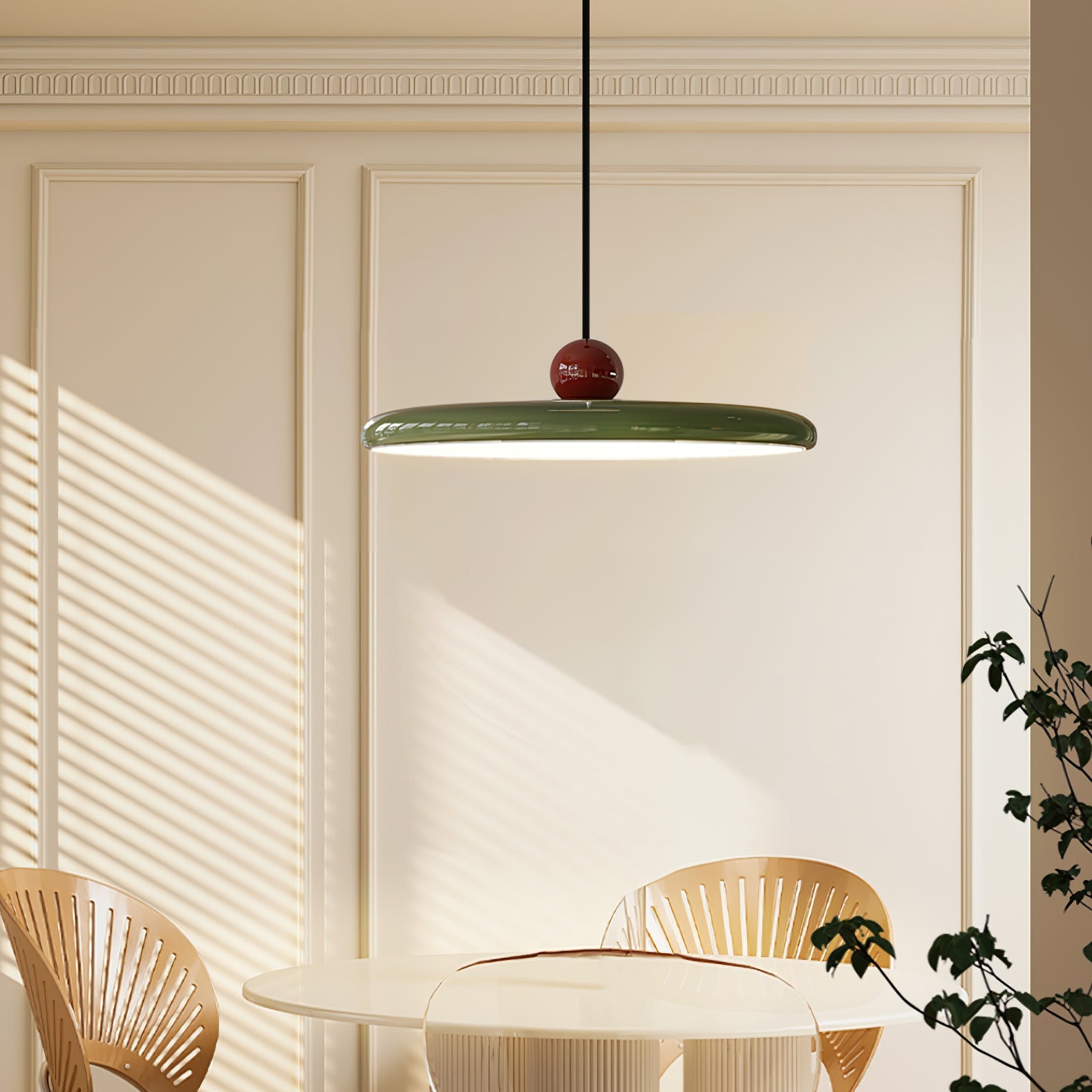 Articulating swing arm pendant light with lit acrylic disc