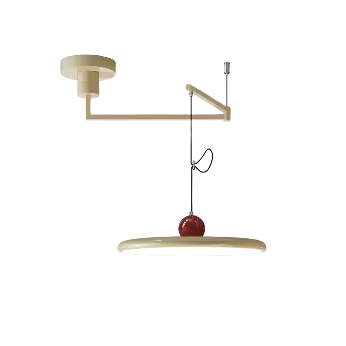 Mid-century disc pendant light on an articulating arm with sphere weight