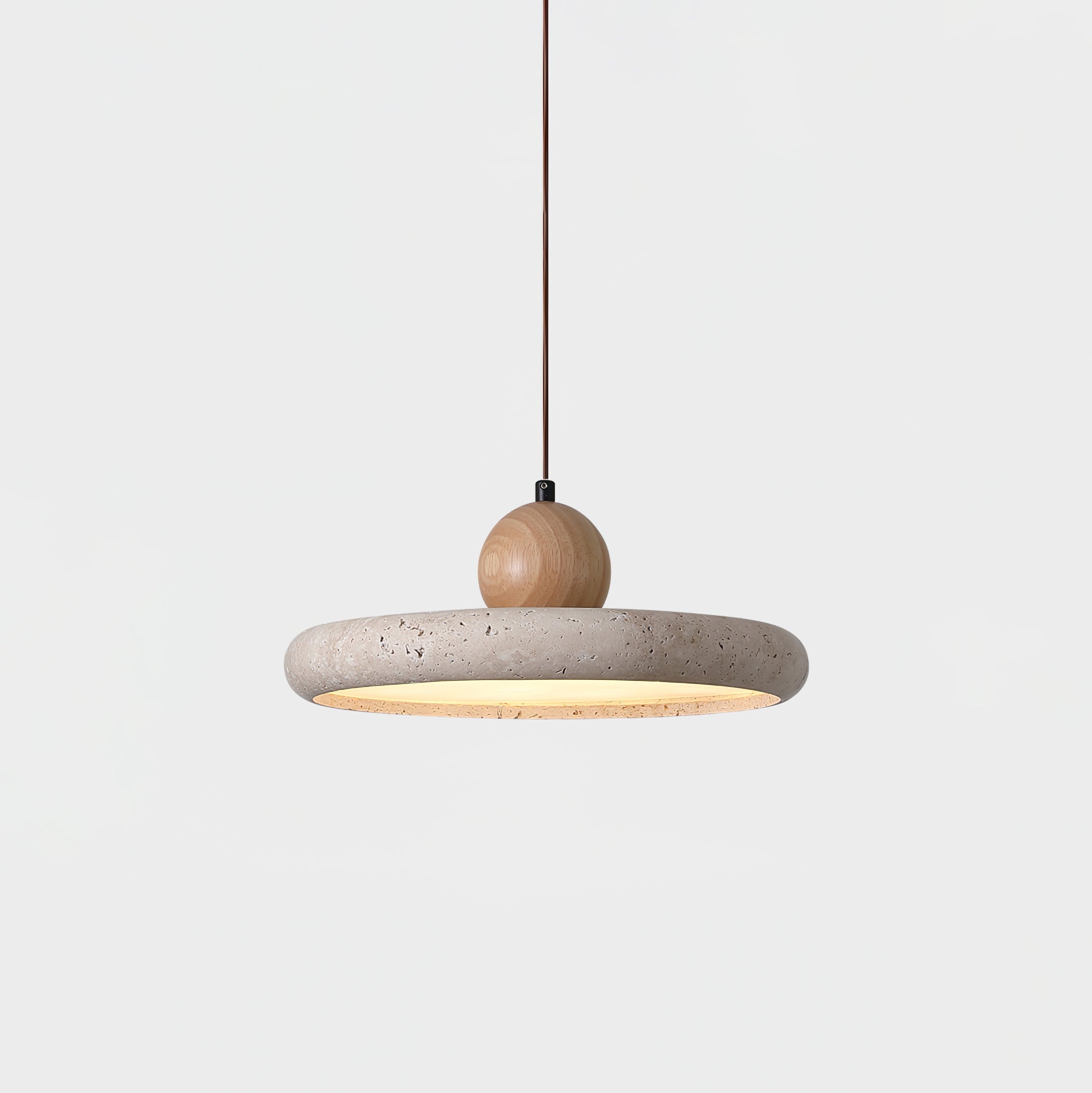 Side view of travertine stone pendant light with slim wood frame