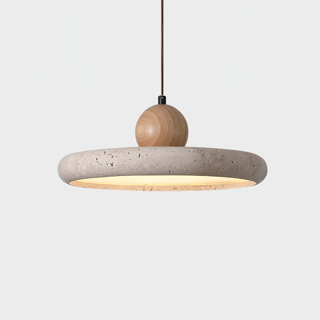 Travertine disc pendant light showing natural stone surface texture