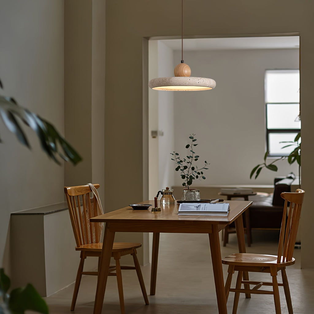 Natural travertine pendant light with wooden frame and cable suspension