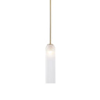This Clérachic pendant light in white glass hangs from a gold rod, its bulb glowing faintly near the top.