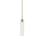 On a gold rod, this Clérachic pendant light in clear glass shows its bulb faintly through the tube.