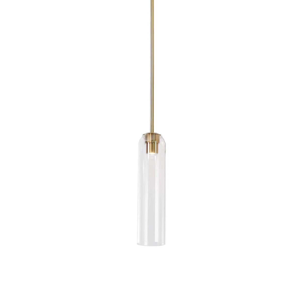 On a gold rod, this Clérachic pendant light in clear glass shows its bulb faintly through the tube.