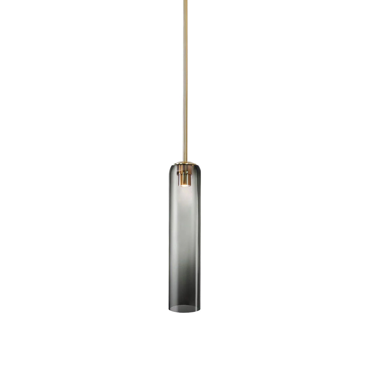 Fading to clear near the top, this Clérachic pendant light in smoke-grey glass hangs from a gold rod, its bulb visible there.