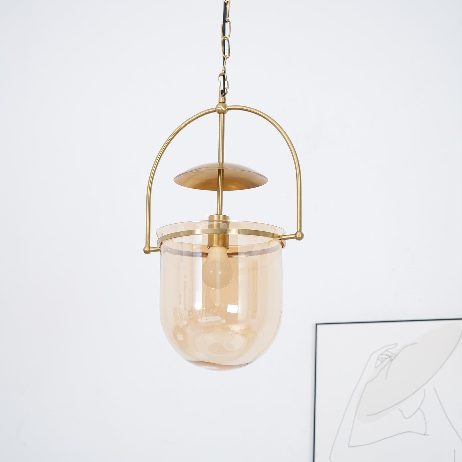 Gold frame pendant light with amber glass cup shade and E27 socket