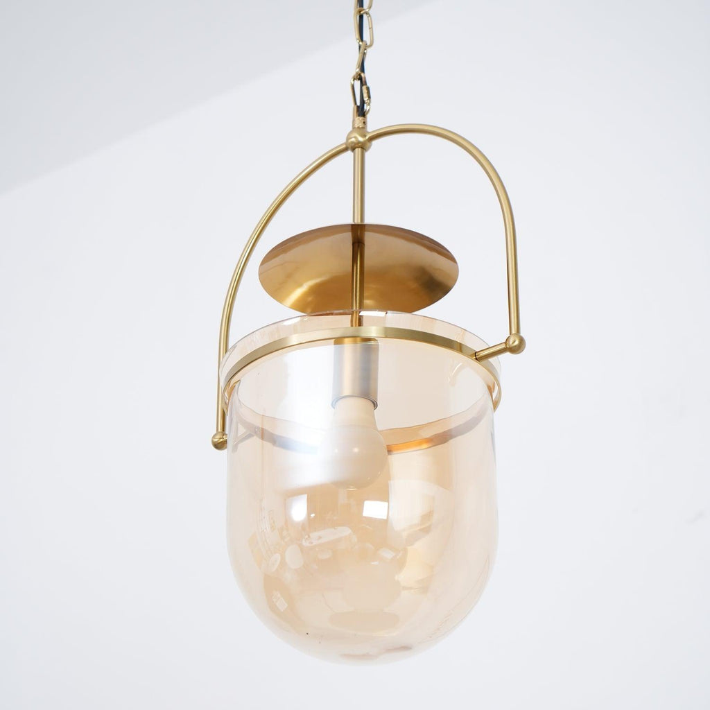 Amber glass cup pendant light with gold frame and chain