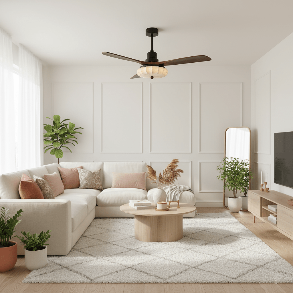 Ceiling fan light with lotus-patterned fabric shade glowing warmly