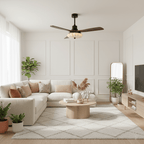 Ceiling fan light with lotus-patterned fabric shade glowing warmly