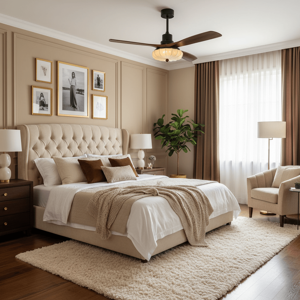 Walnut-blade ceiling fan light with lotus shade, detail view
