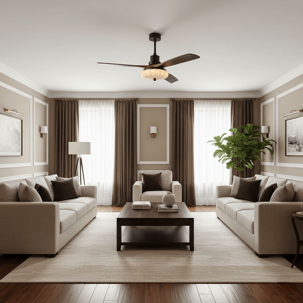 Ceiling fan with walnut blades and warm-lit lotus fabric shade