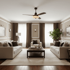 Ceiling fan with walnut blades and warm-lit lotus fabric shade