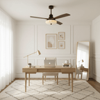 Ceiling fan with fabric lotus shade glowing in warm light