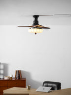 Loftventilator med lys Lotus Bloom med valnøddelameller, stofskærm og DC-motor