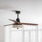 Loftventilator med lys Lotus Bloom med valnøddelameller, stofskærm og DC-motor