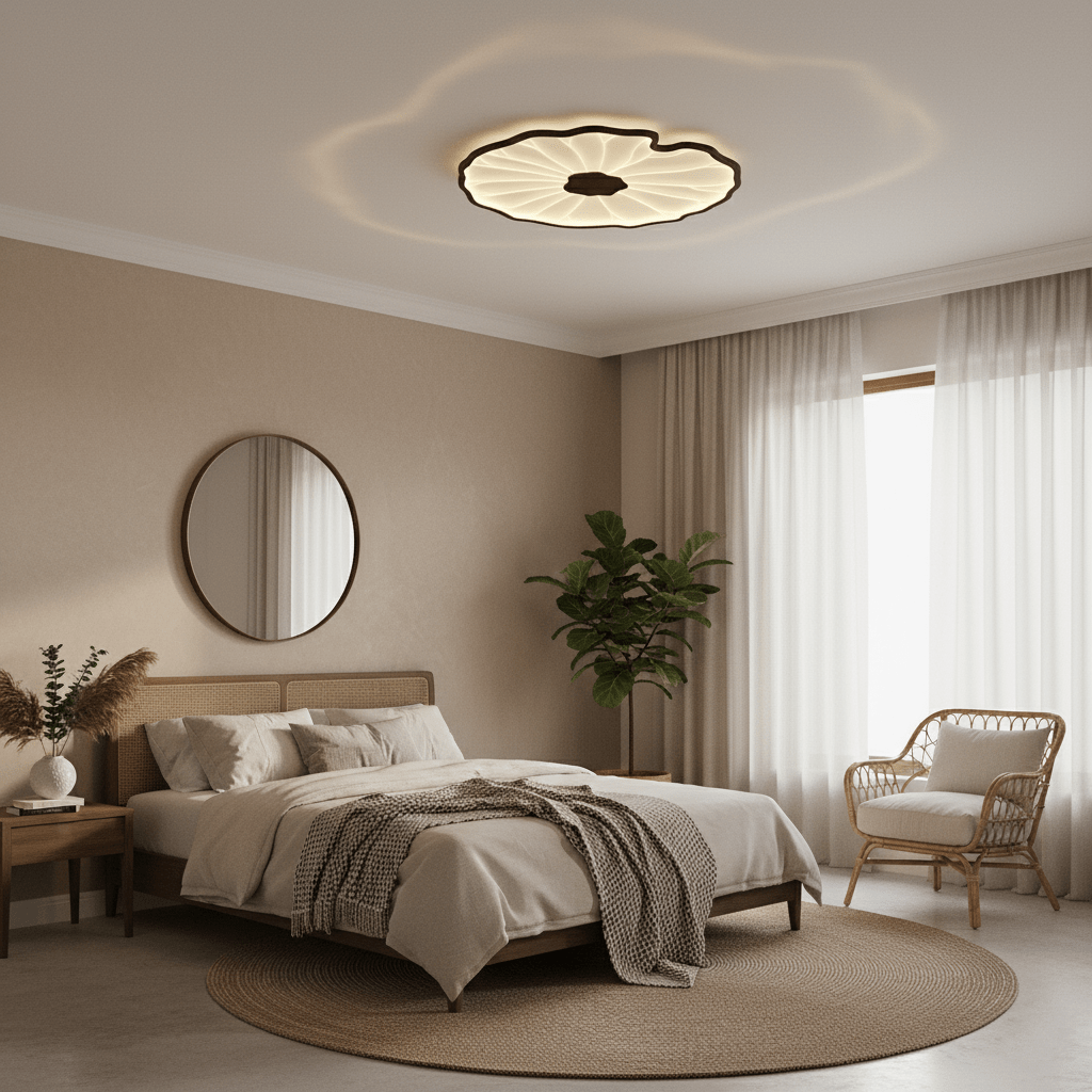 Lotus leaf ceiling light round wood-grain form viewed straight on