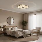 Lotus leaf ceiling light round wood-grain form viewed straight on