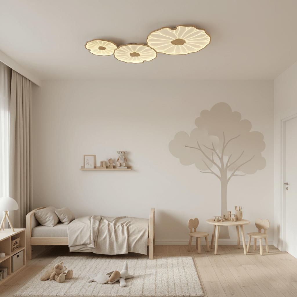 Lotus leaf ceiling light natural wood-grain form shown unlit