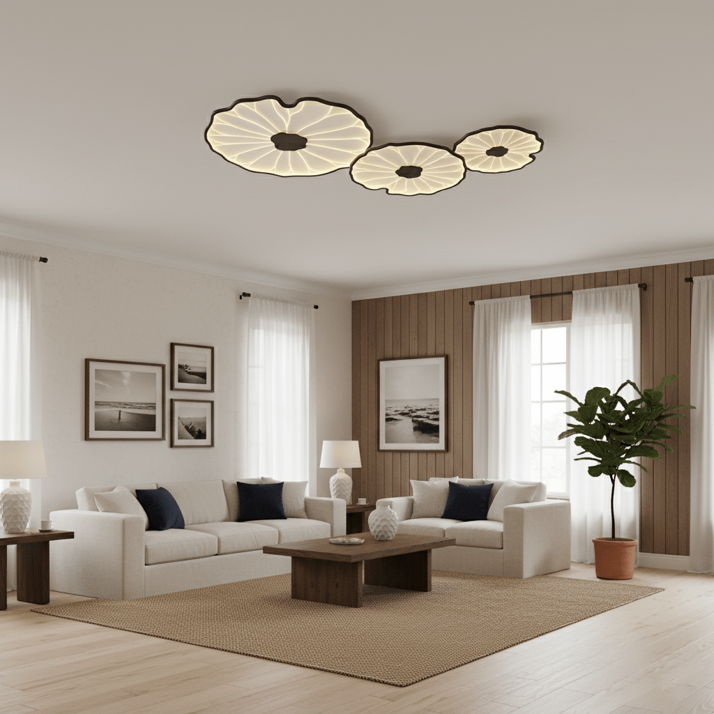 Lotus leaf ceiling light angled view of the curling leaf edges