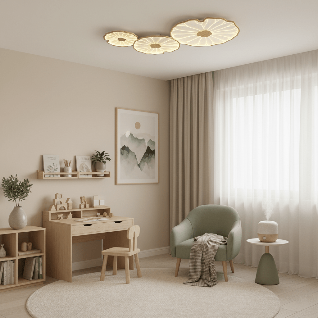 Lotus leaf ceiling light wood-grain finish detail from an angle