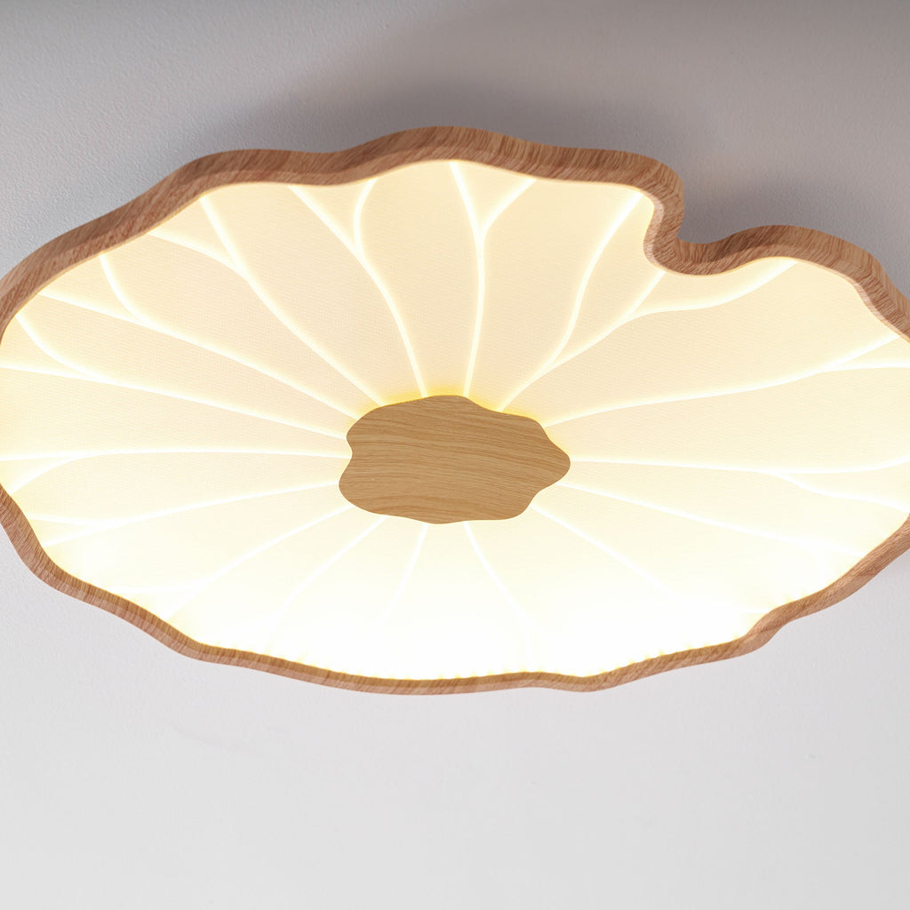 Loftlampe Lotusblad, træstruktur akryl, integreret LED, indbygget montage