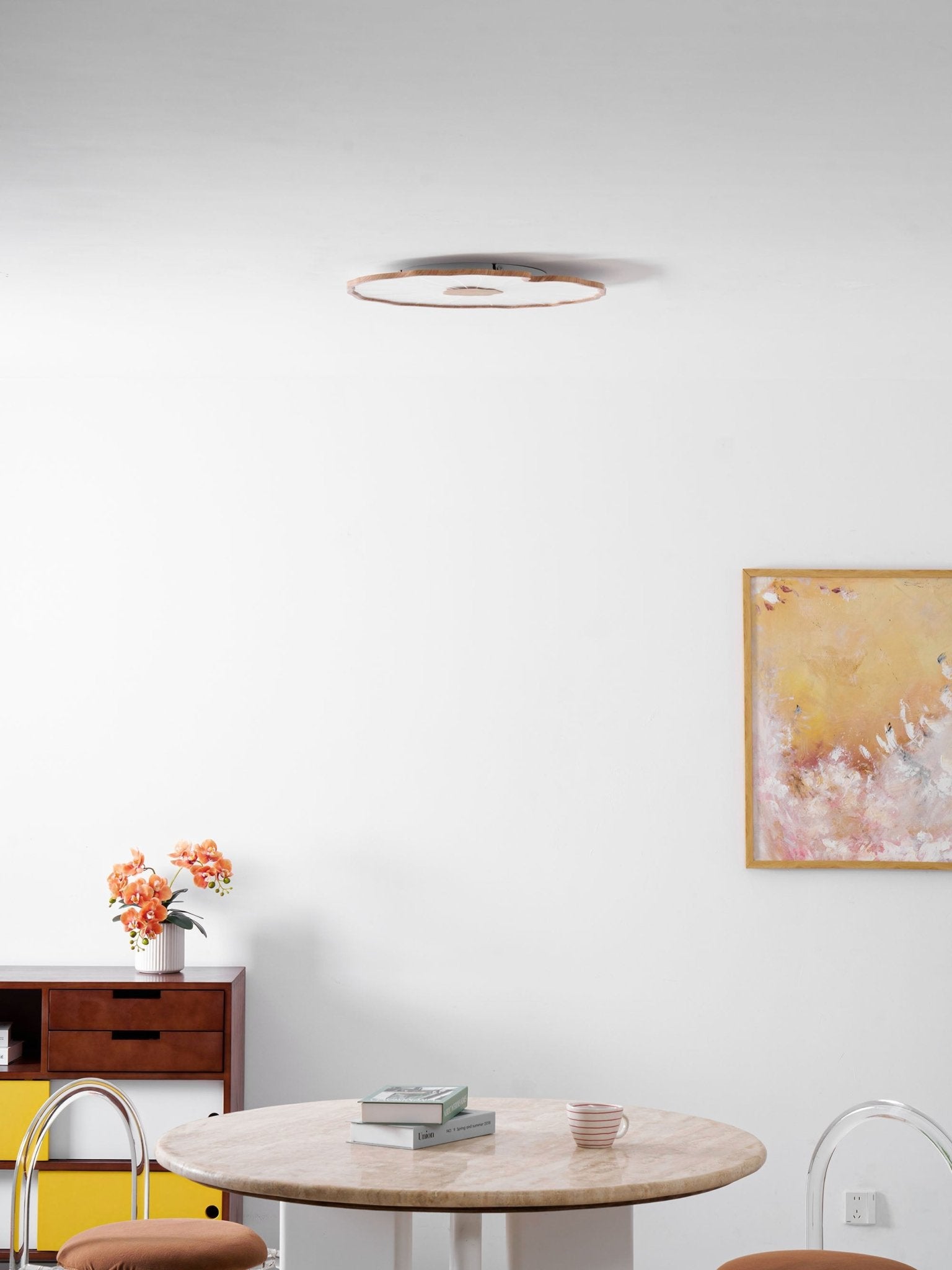 Loftlampe Lotusblad, træstruktur akryl, integreret LED, indbygget montage