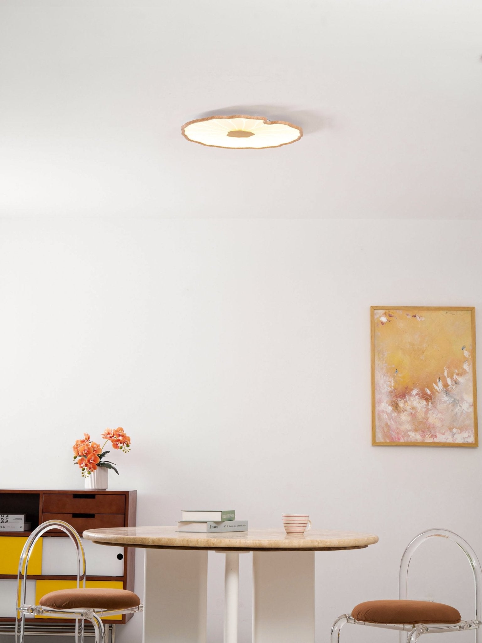 Loftlampe Lotusblad, træstruktur akryl, integreret LED, indbygget montage