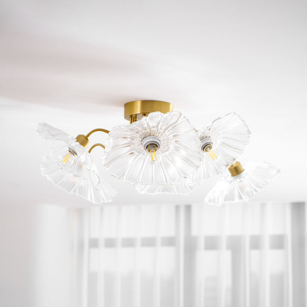 Ceiling Light, Frosted Leaf Glass Shades, Gold, E27, Lotus Leaf