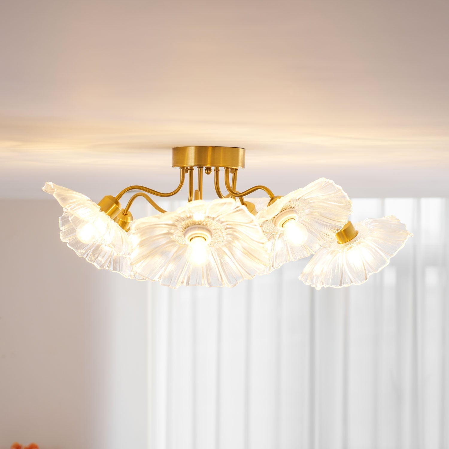 Ceiling Light, Frosted Leaf Glass Shades, Gold, E27, Lotus Leaf