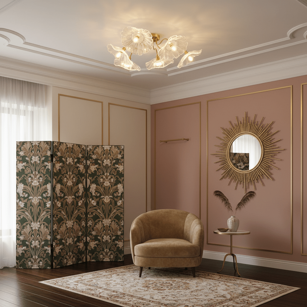 Clear frosted leaf glass ceiling light with gold body close up