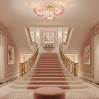 Frosted leaf glass ceiling light with gold arms glowing softly