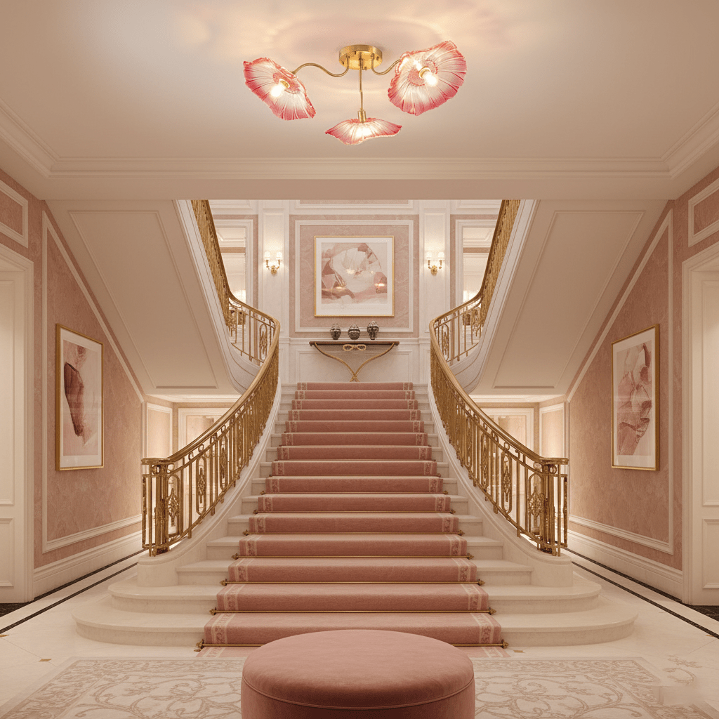 Frosted leaf glass ceiling light with gold arms glowing softly