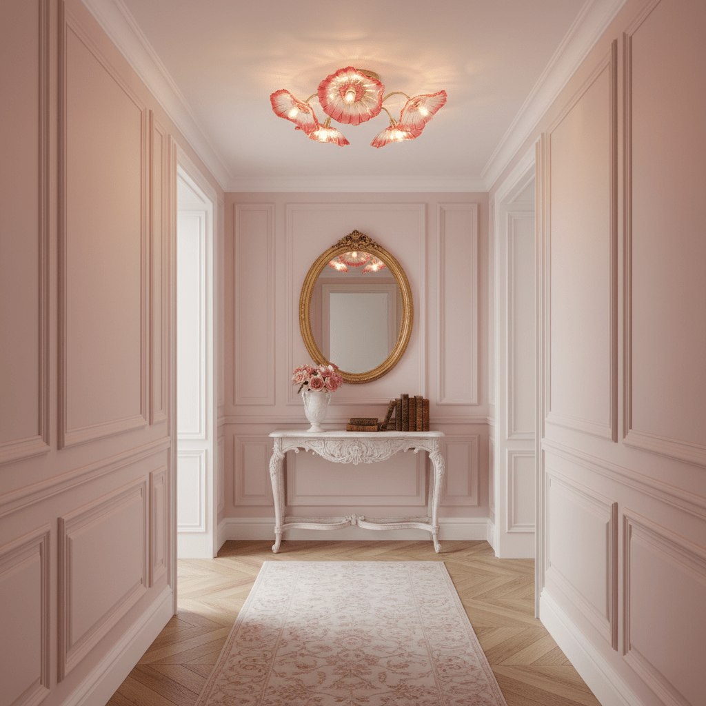 Clear frosted leaf glass ceiling light with warm gold hardware