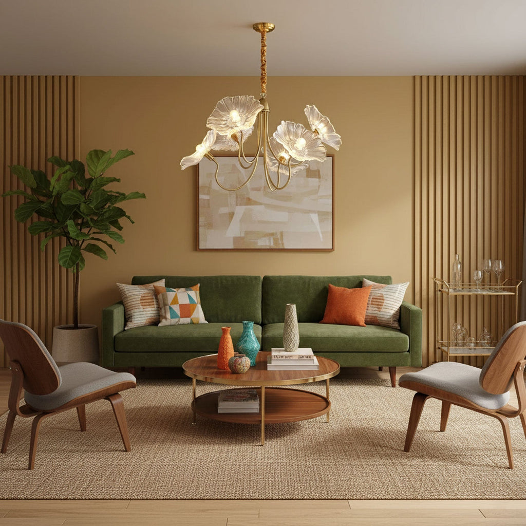 Gold chandelier with six frosted leaf glass shades