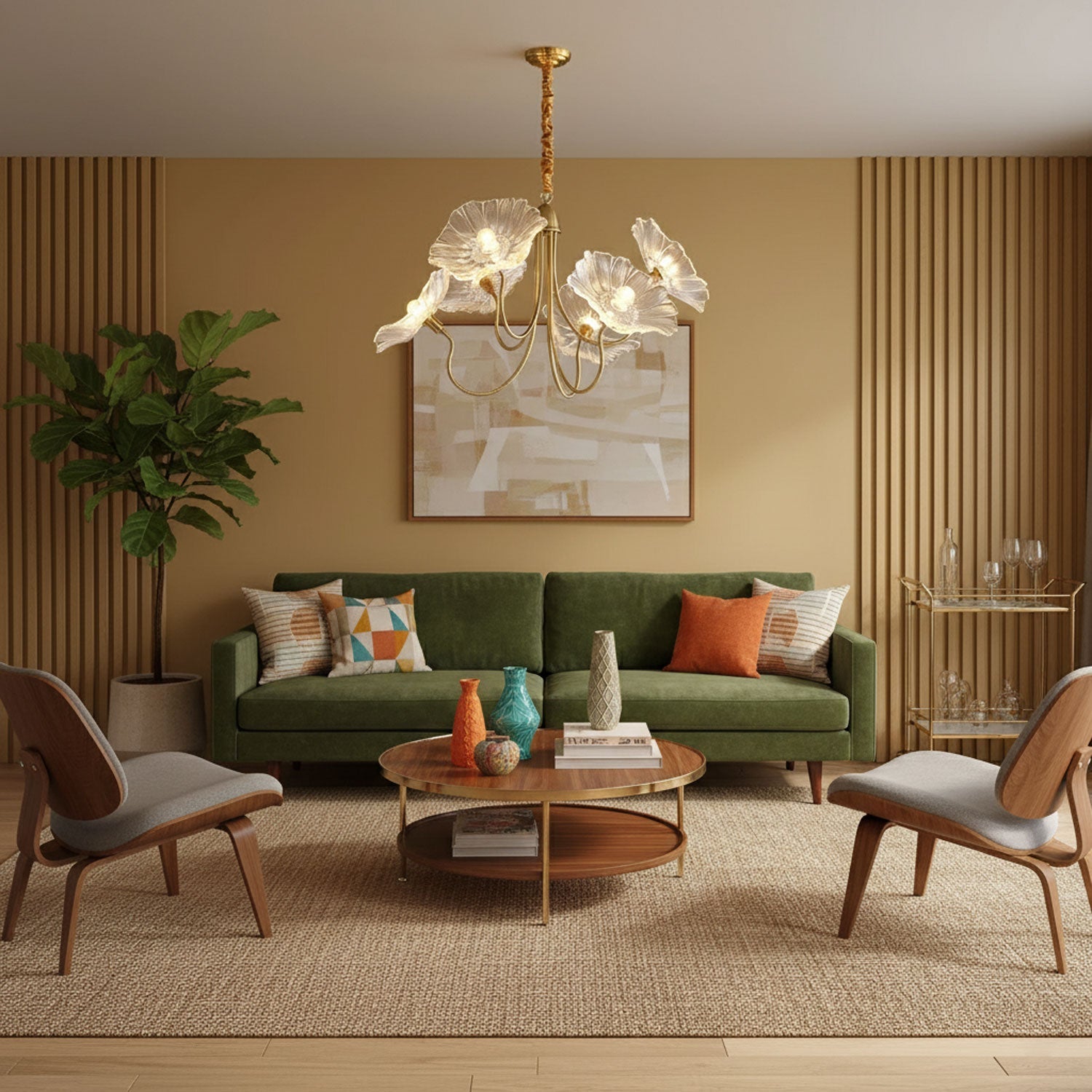 Gold chandelier with six frosted leaf glass shades