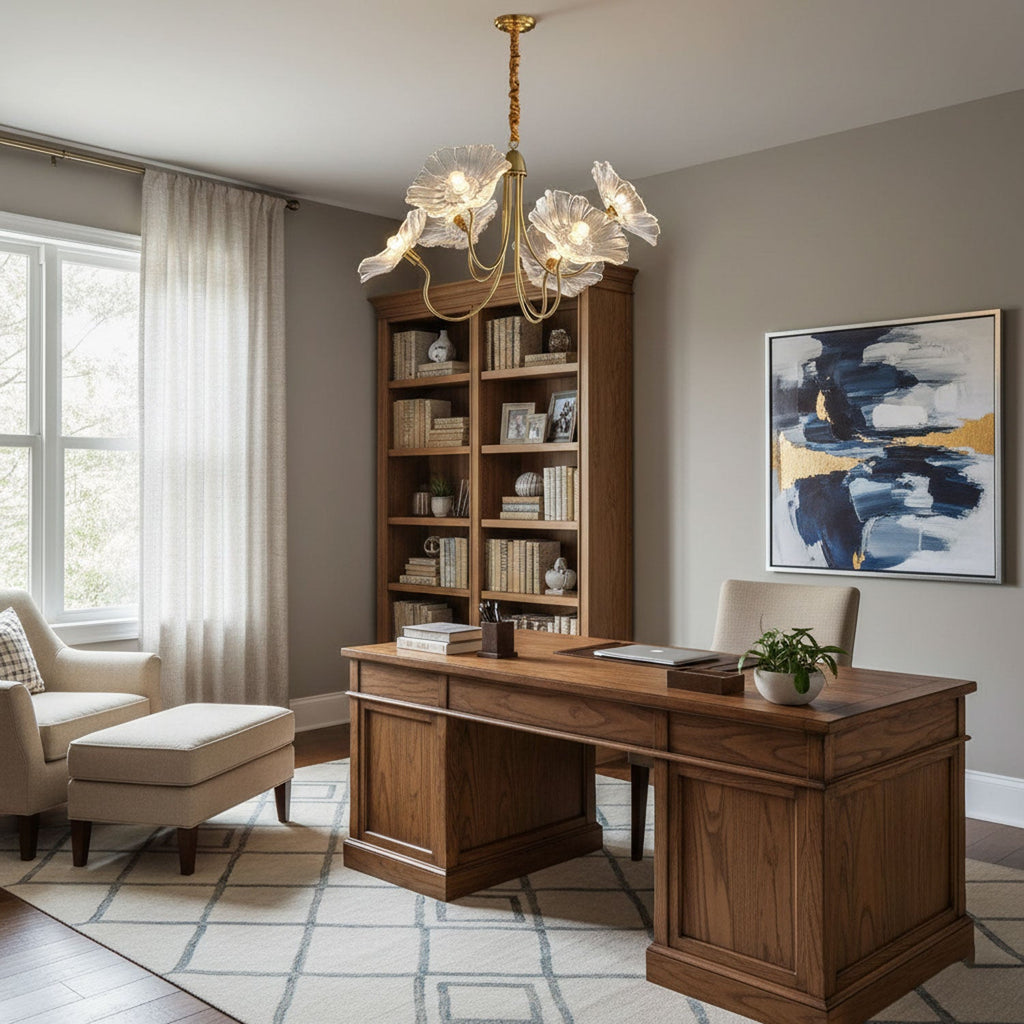Frosted leaf glass chandelier detail with gold finish