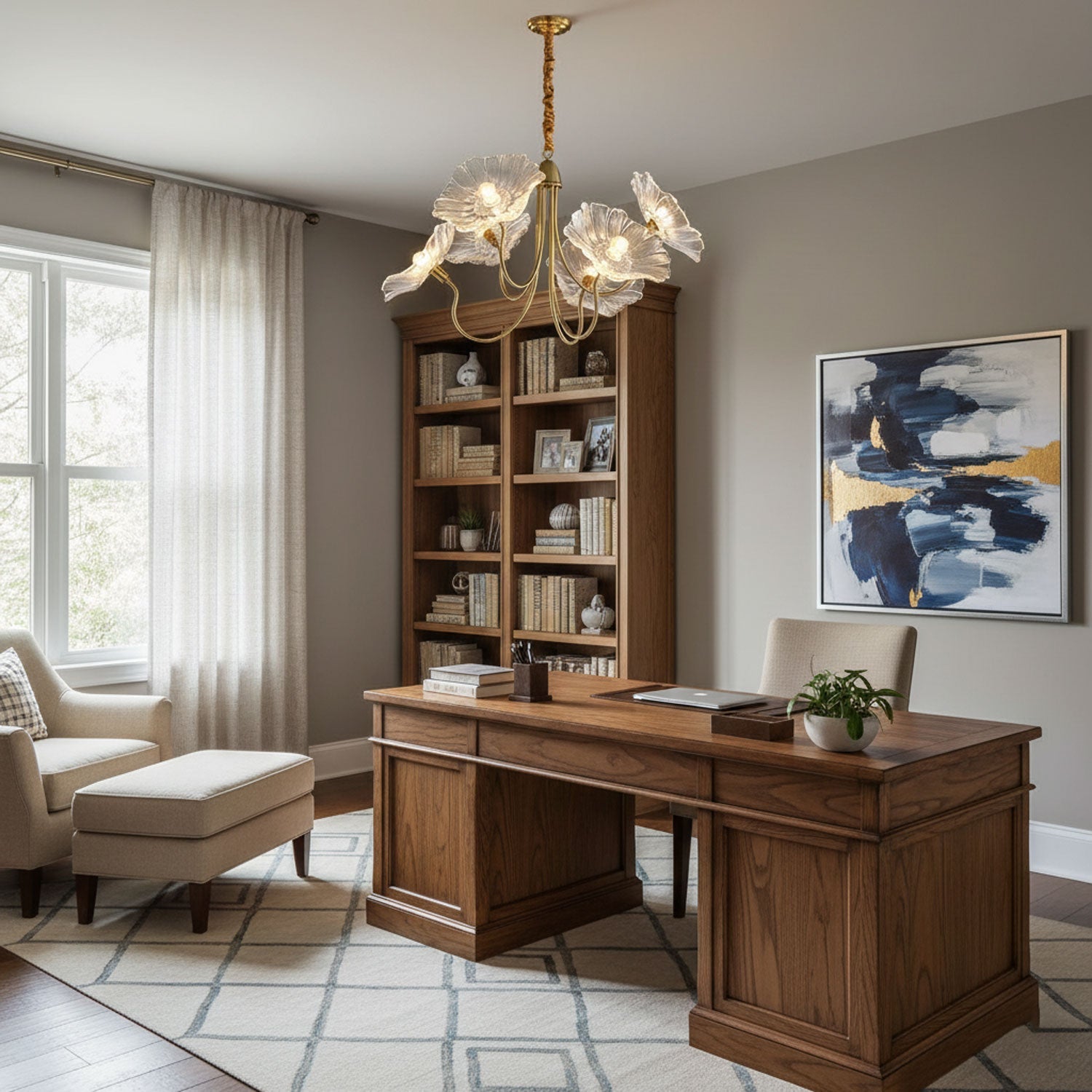 Frosted leaf glass chandelier detail with gold finish