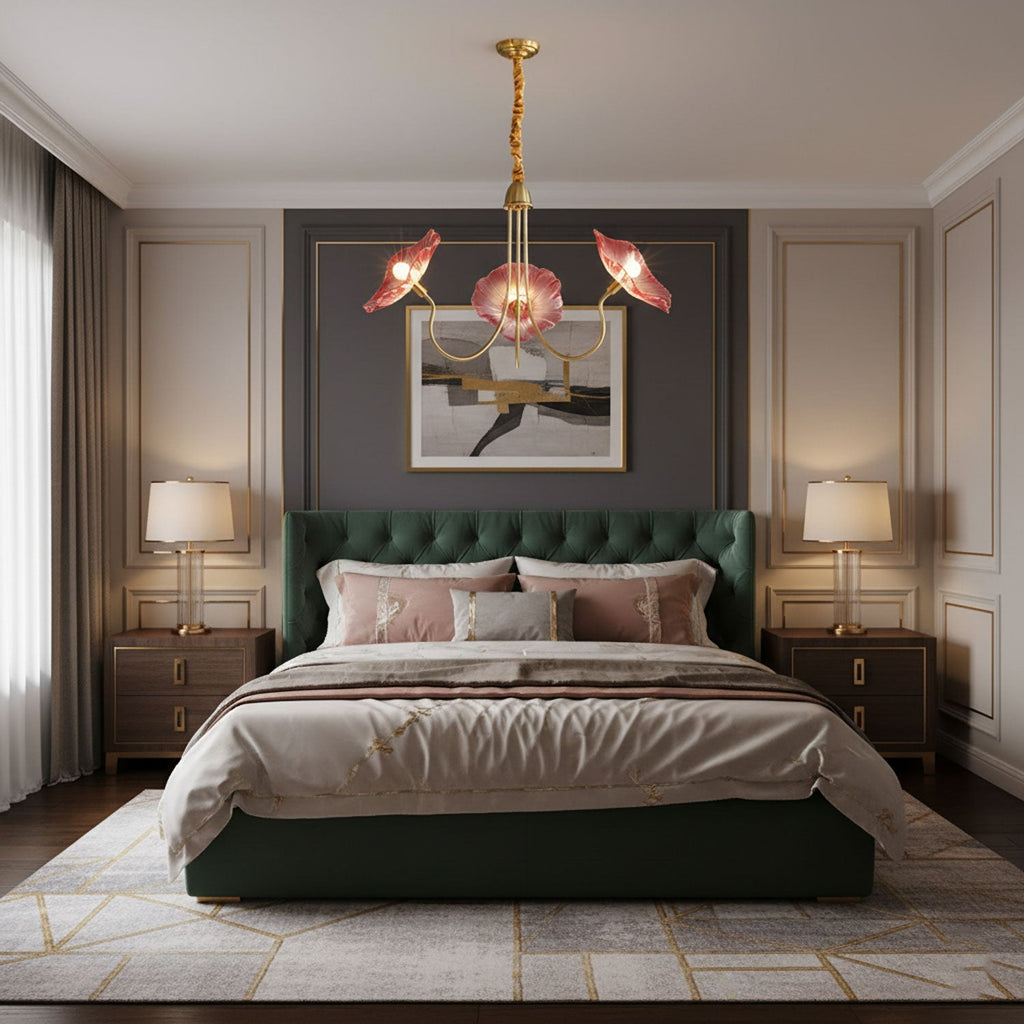 Gold-frame chandelier with frosted leaf glass shades