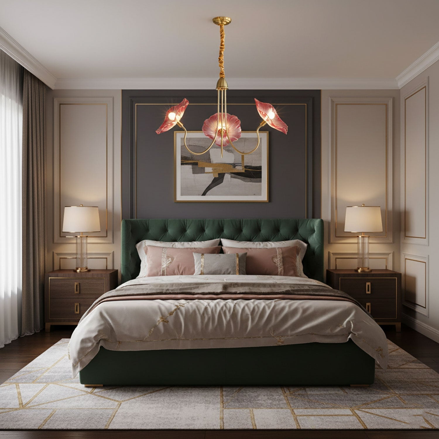Gold-frame chandelier with frosted leaf glass shades