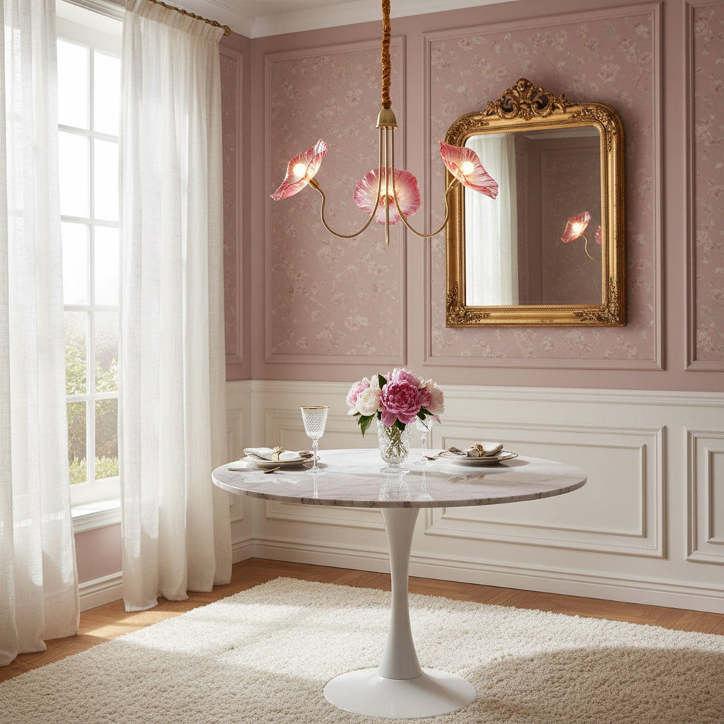 Gold chandelier with leaf-shaped frosted glass shades
