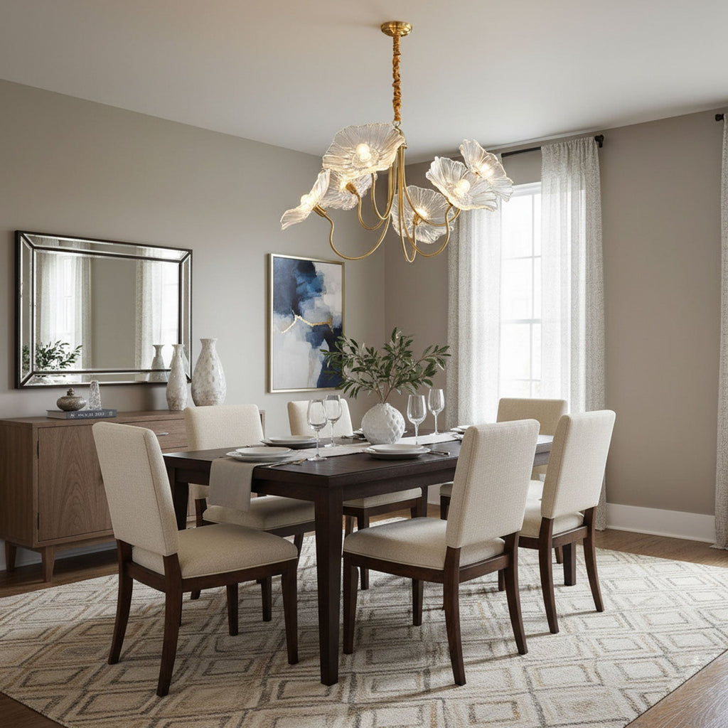 Frosted leaf glass shades arranged on a gold frame
