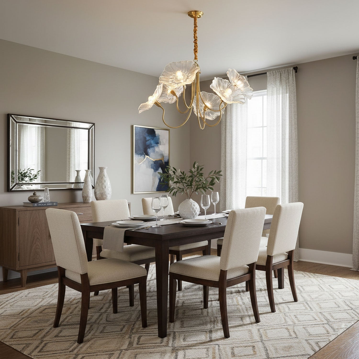 Frosted leaf glass shades arranged on a gold frame