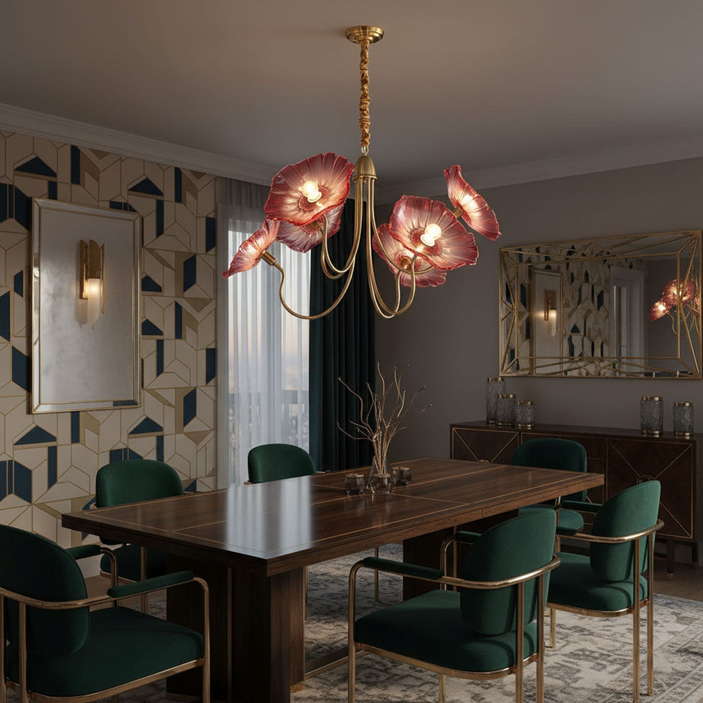 Leaf-shaped frosted glass shades on a gold chandelier