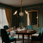 Leaf glass chandelier with gold frame and soft glow