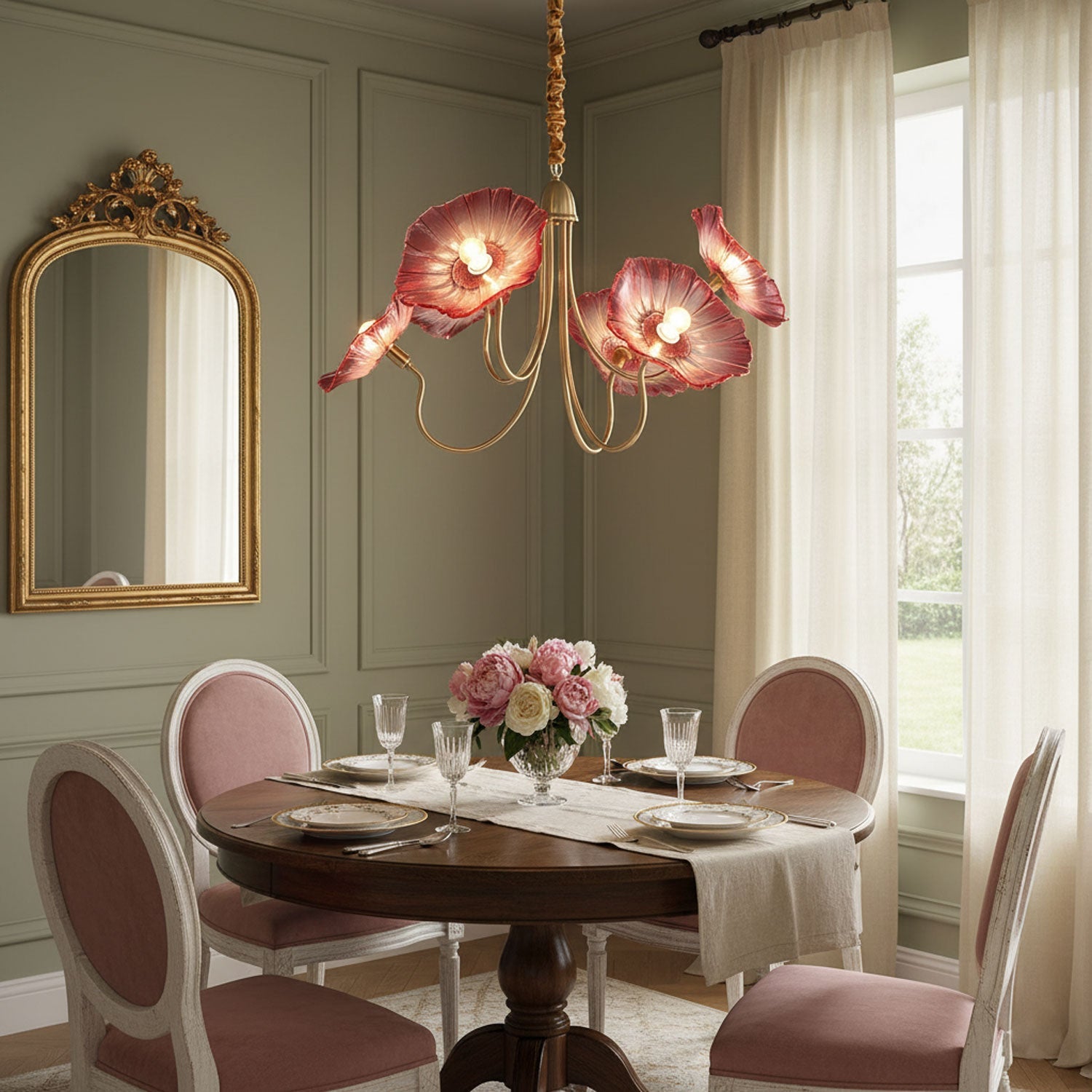 Leaf glass chandelier glowing above a table setting