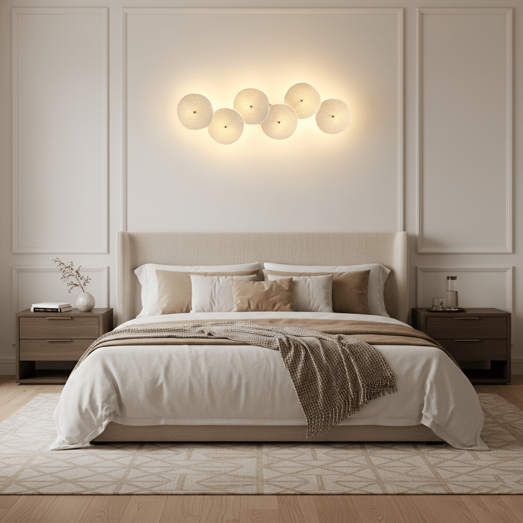White ceramic lotus petal wall lamp on a gold spine
