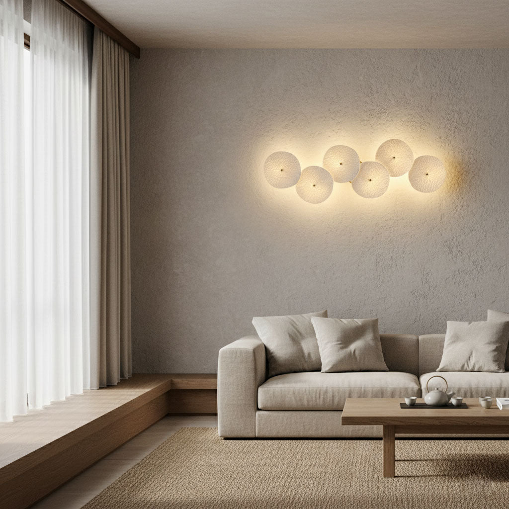 Lotus petal wall lamp lighting a wall in warm tones