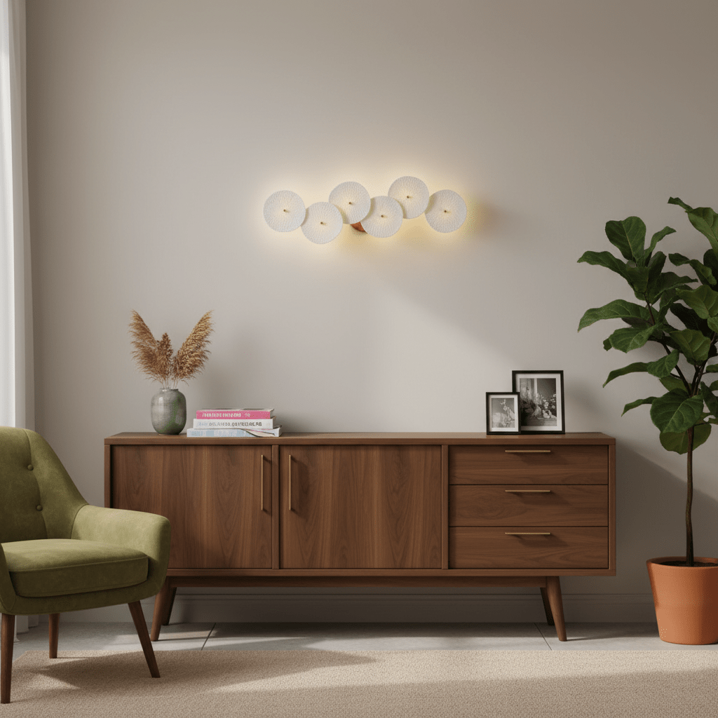 White ceramic lotus petal wall lamp against neutral wall