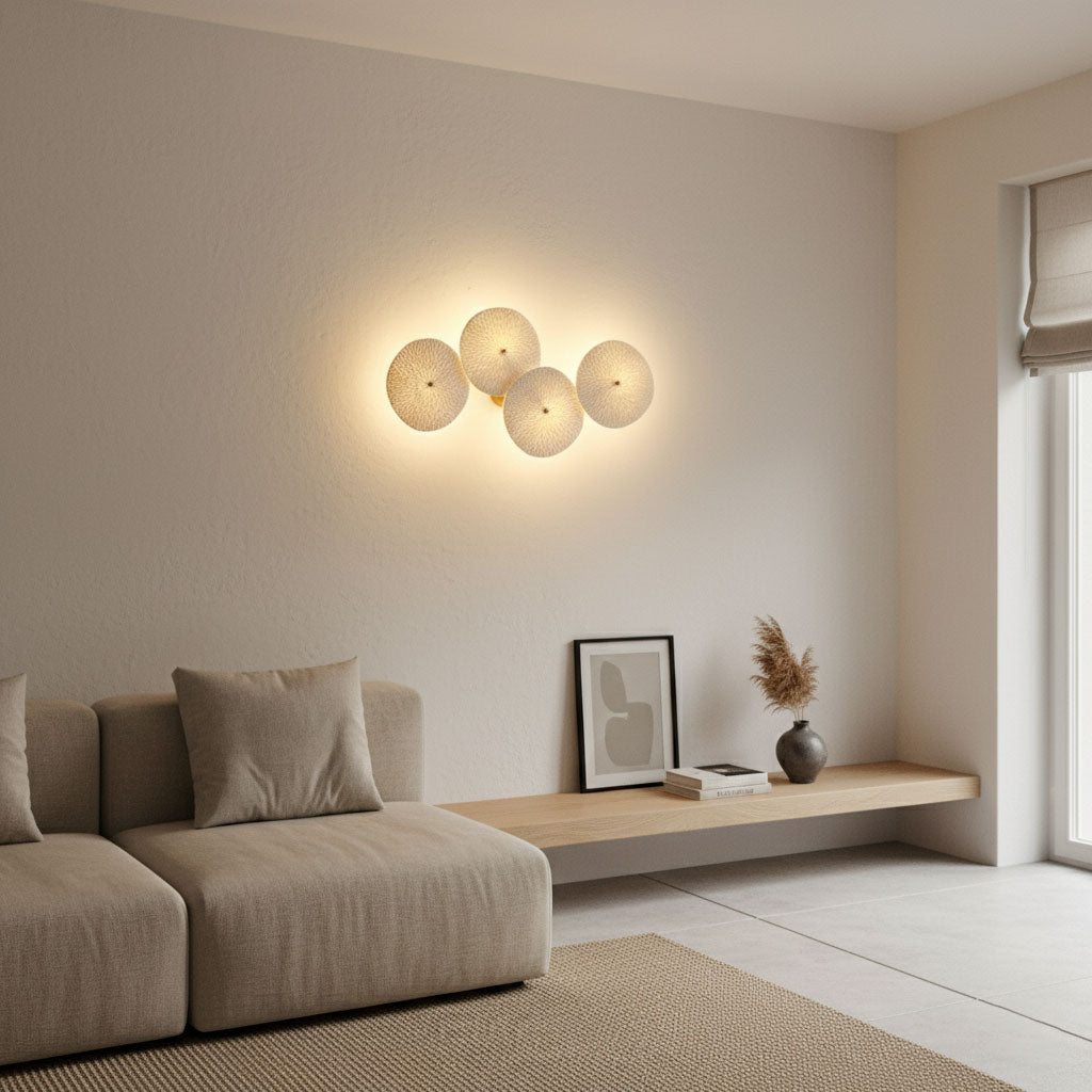 Lotus petal wall lamp lighting a styled console area
